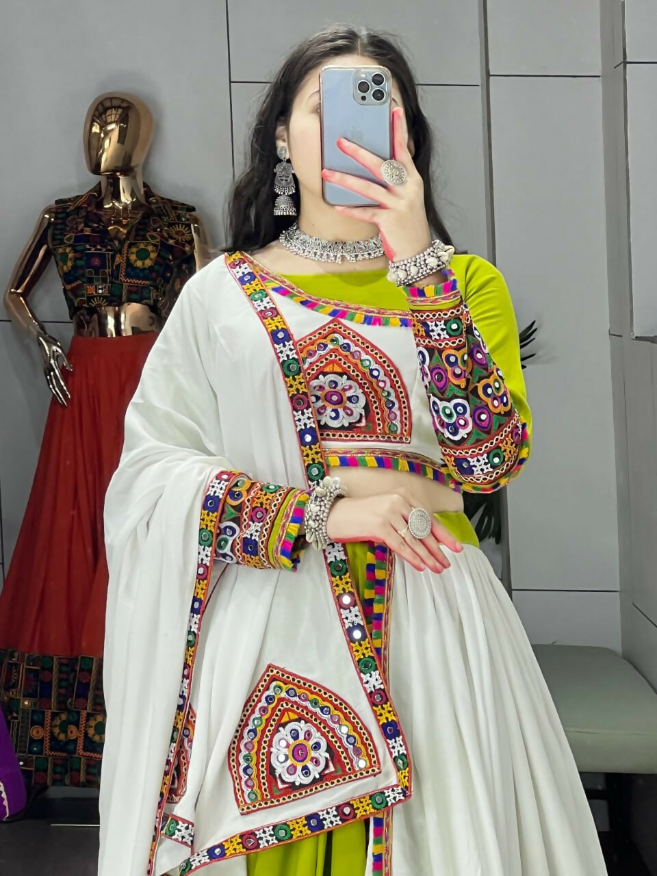 Yash Enterprise Green White Rayon Cotton Embroidery Semi Stitched Navratri Top Chaniya Choli | Grocsy