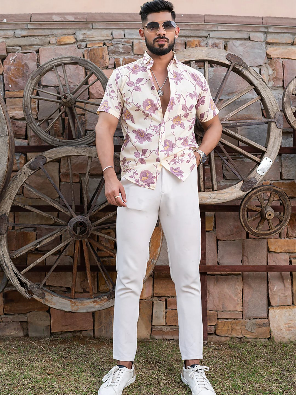 Miravan Men's Pink Floral Printed Half Sleeve Slim Fit shirt | Grocsy