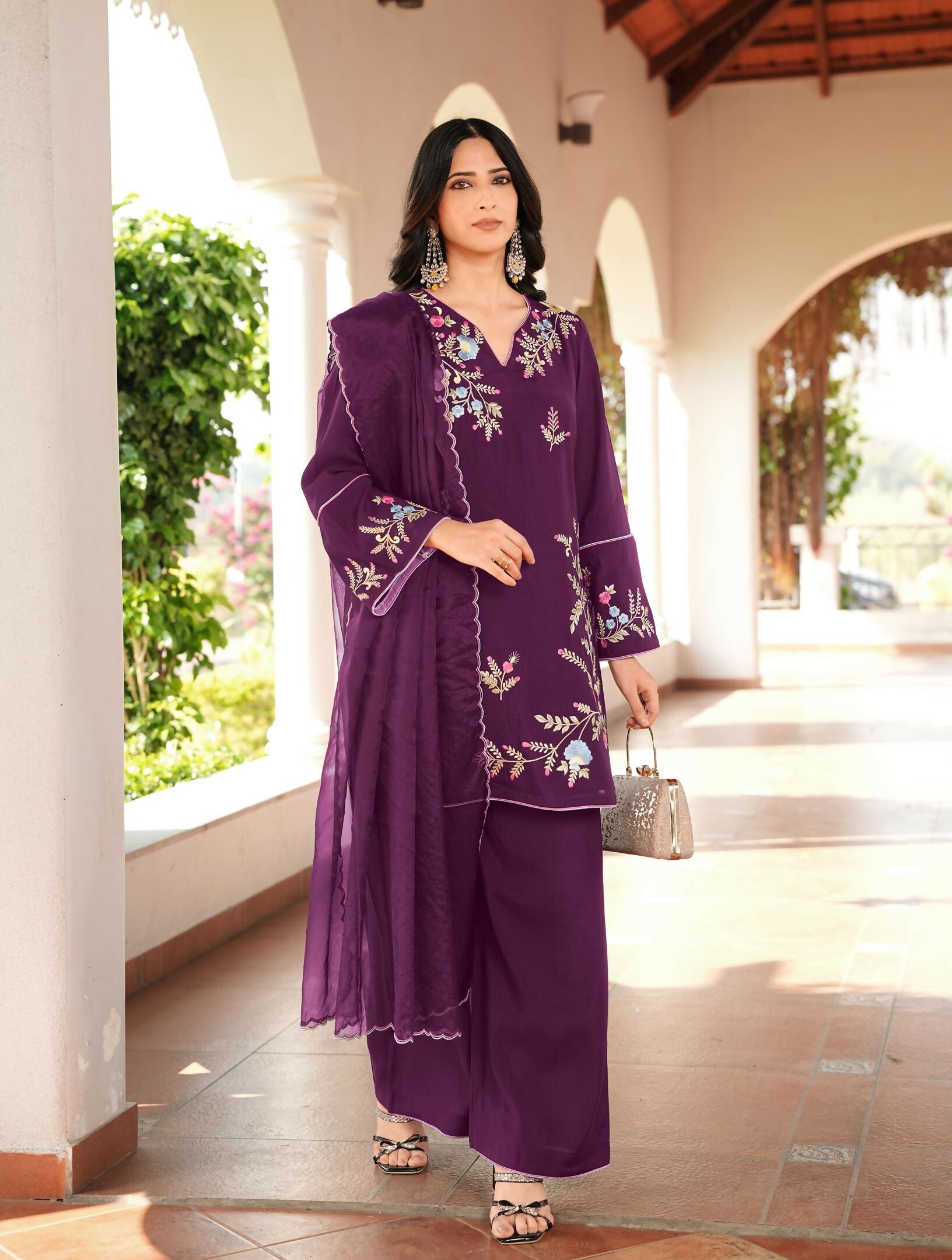 Nikhaar Magenta Embroidered Art Silk Stitched Straight Cut Kurta Culottes Dupatta Readymade Suit | Grocsy