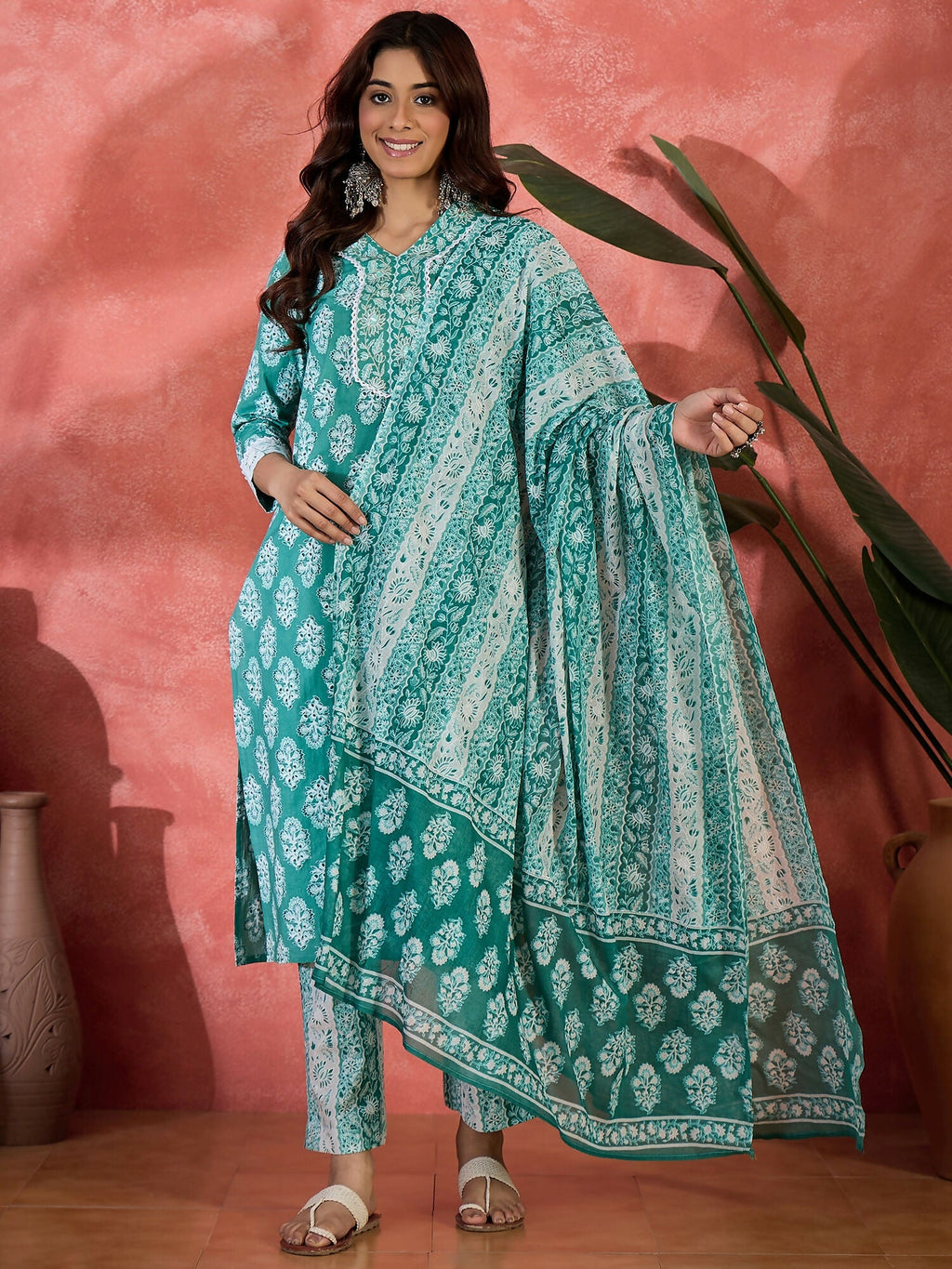 Joban Fashion Printed Teal Pure Cotton Kurta Set | Grocsy