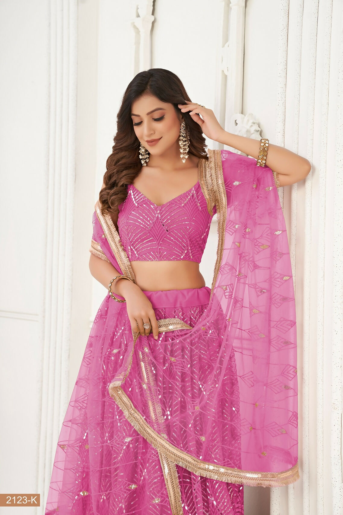Eilara Pink Thread Sequin Embroidered Net Lehenga Set | Grocsy
