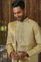 Olive Kanjivaram Machien Embroidered Pattu Set by Hilo Design | Grocsy