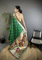 Joban Fashion Green Peacock & Floral Motifs Soft Silk Kanchipuram Saree | Grocsy