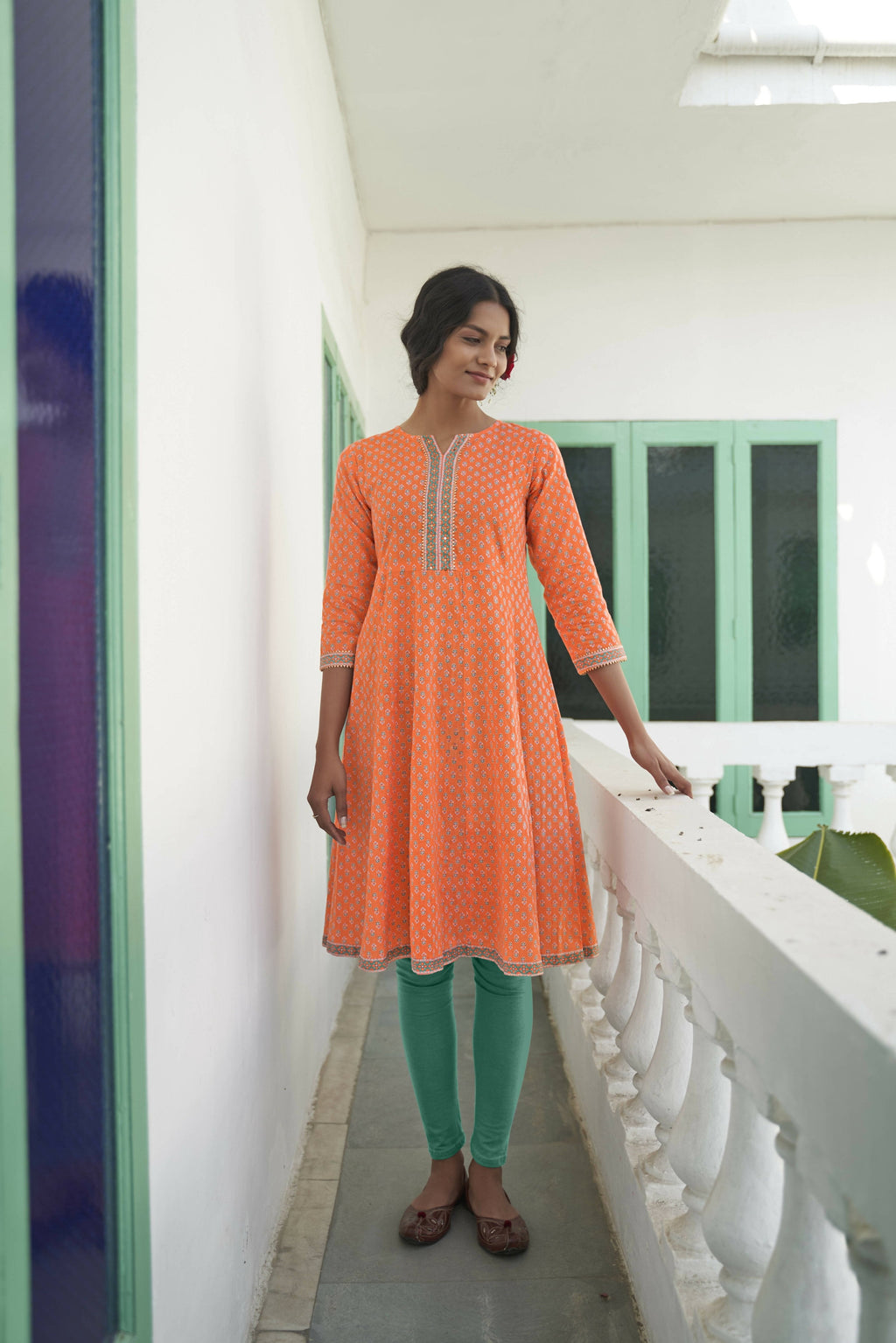 Orange Cotton Floral Printed A line Kurta - Prasuti | Grocsy