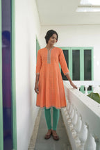Orange Cotton Floral Printed A line Kurta - Prasuti | Grocsy