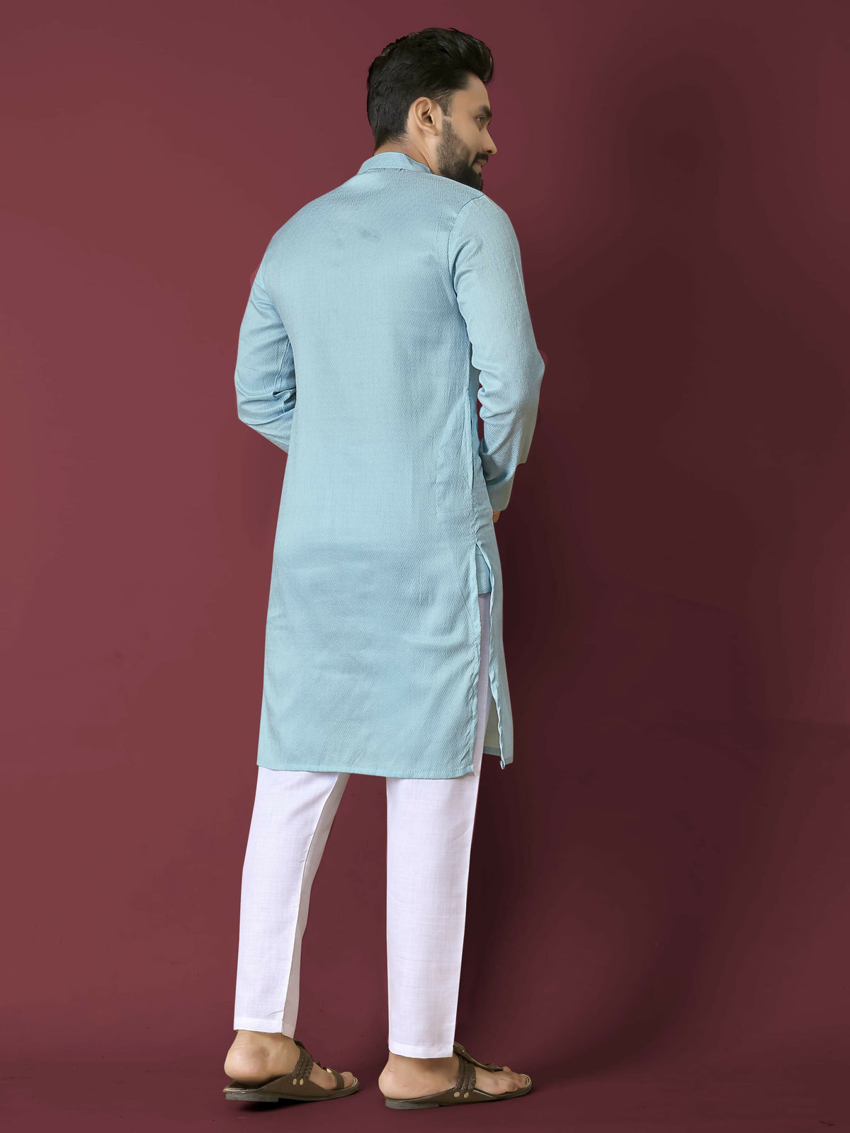 Anaita Sky Blue Solid Soft Jacquard Silk Straight Kurta | Grocsy