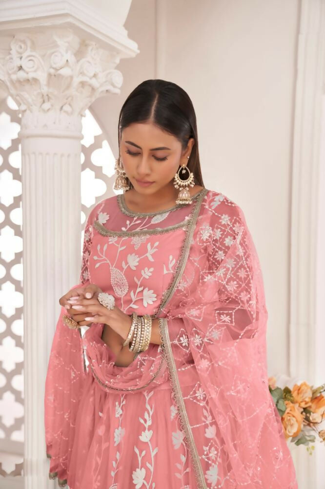 Aastha Fashion Gajari Butterfly Net White Cotton Thread Work, Zari Work And Sandwich Sequence Work Embroidery Wedding Wear Lehenga Choli | Grocsy