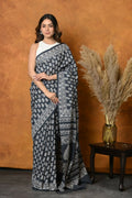 Very Much Indian Handblock Printed Cotton Saree With Natural Dyes - Black White | Grocsy