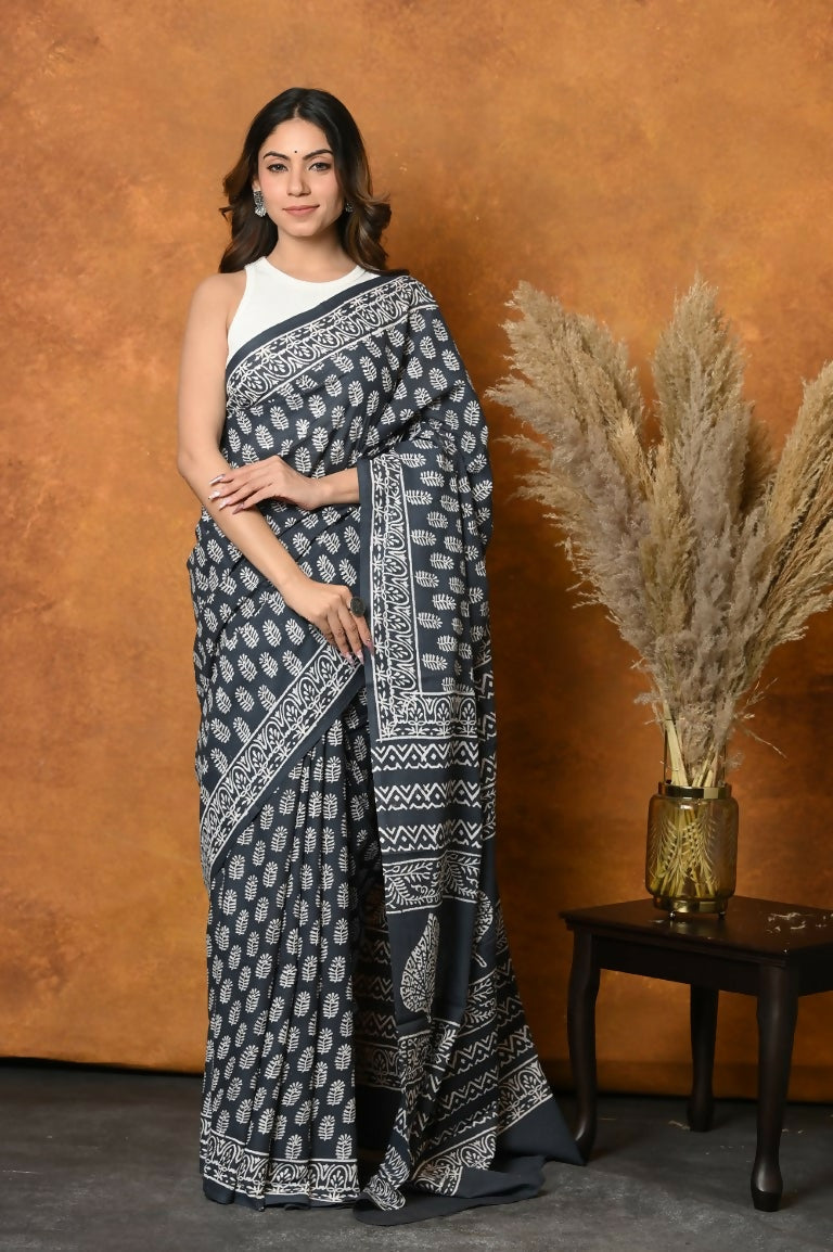 Very Much Indian Handblock Printed Cotton Saree With Natural Dyes - Black White | Grocsy