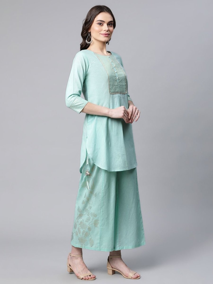 Ahalyaa Women Teal Pure Cotton Gold Foil Printed Pakistani Style Kurta Palazzo Set | Grocsy