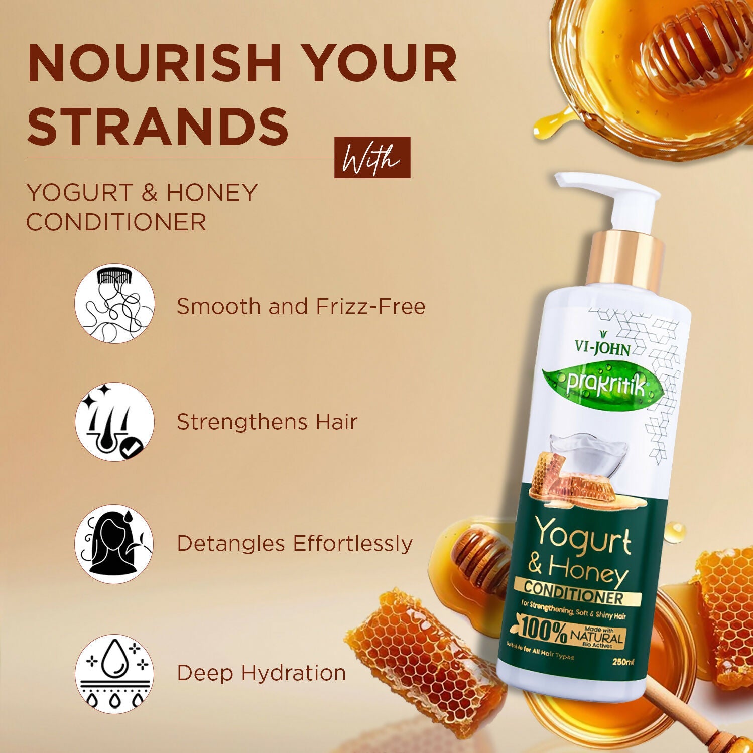 VI-JOHN Prakritik Yogurt & Honey Conditioner, Restores Hair Moisture, Made With Natural Bio-Active | Grocsy
