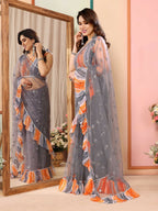 Partywear Designer Grey Net Fancy Saree - Dyuti | Grocsy