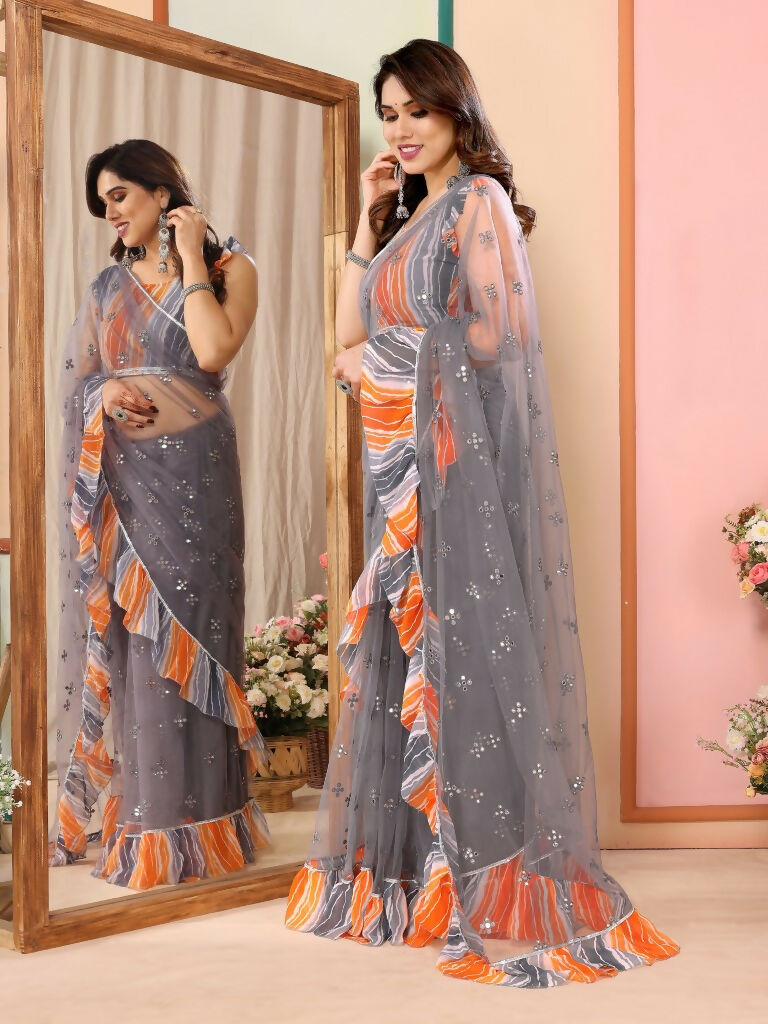 Partywear Designer Grey Net Fancy Saree - Dyuti | Grocsy