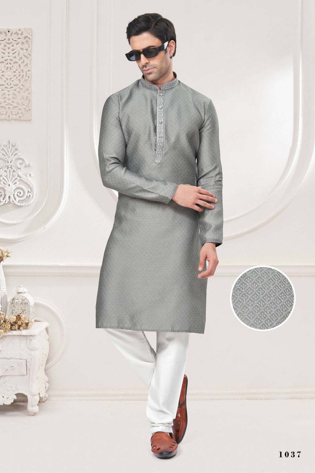 Functional Designer Men's Grey Jacquard Kurta With Pant - Rudra | Grocsy