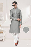 Functional Designer Men's Grey Jacquard Kurta With Pant - Rudra | Grocsy