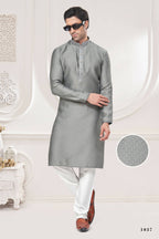Functional Designer Men's Grey Jacquard Kurta With Pant - Rudra | Grocsy