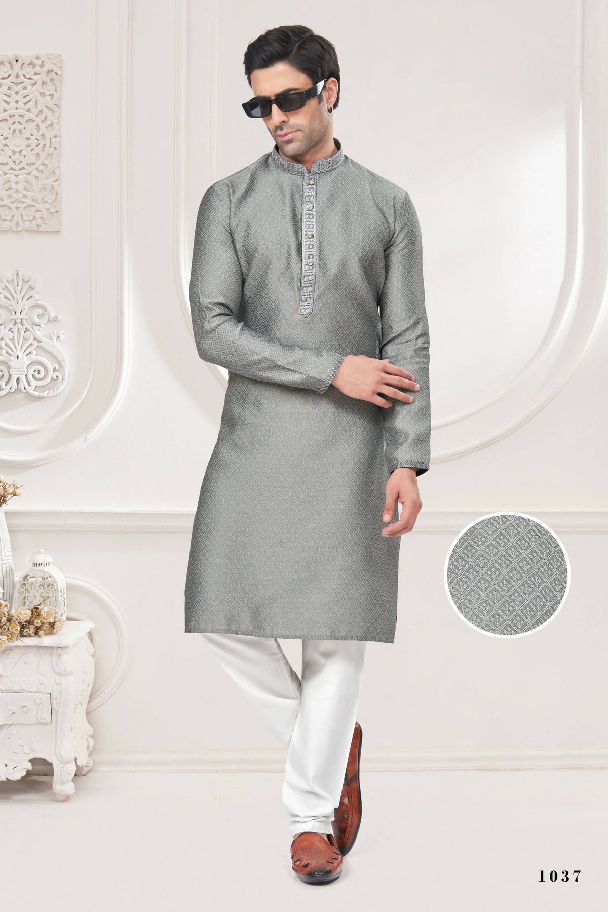 Functional Designer Men's Grey Jacquard Kurta With Pant - Rudra | Grocsy