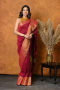 Very Much Indian Handloom Pure Cotton Linen Saree With Golden Border - Maroon | Grocsy