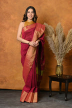 Very Much Indian Handloom Pure Cotton Linen Saree With Golden Border - Maroon | Grocsy