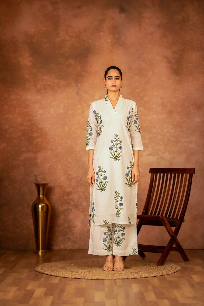Joban Fashion Off White Blue Hand Block Printed Cotton Suit Set | Grocsy