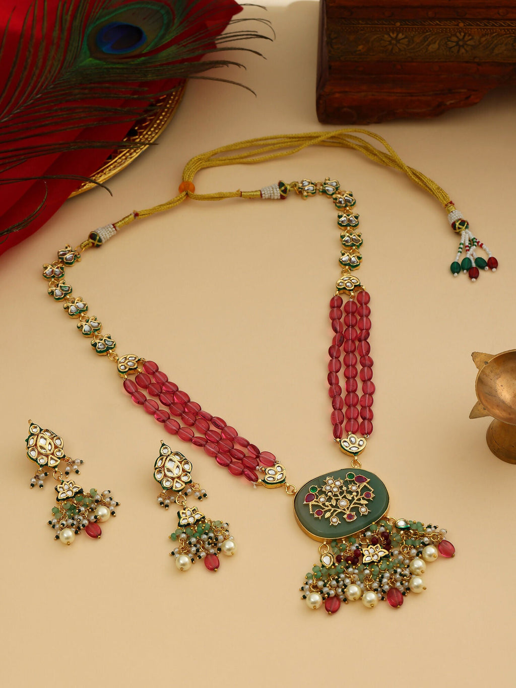 Ruby Raang 22k Gold Polished Long Multi Kundan Necklace With Earrings | Grocsy