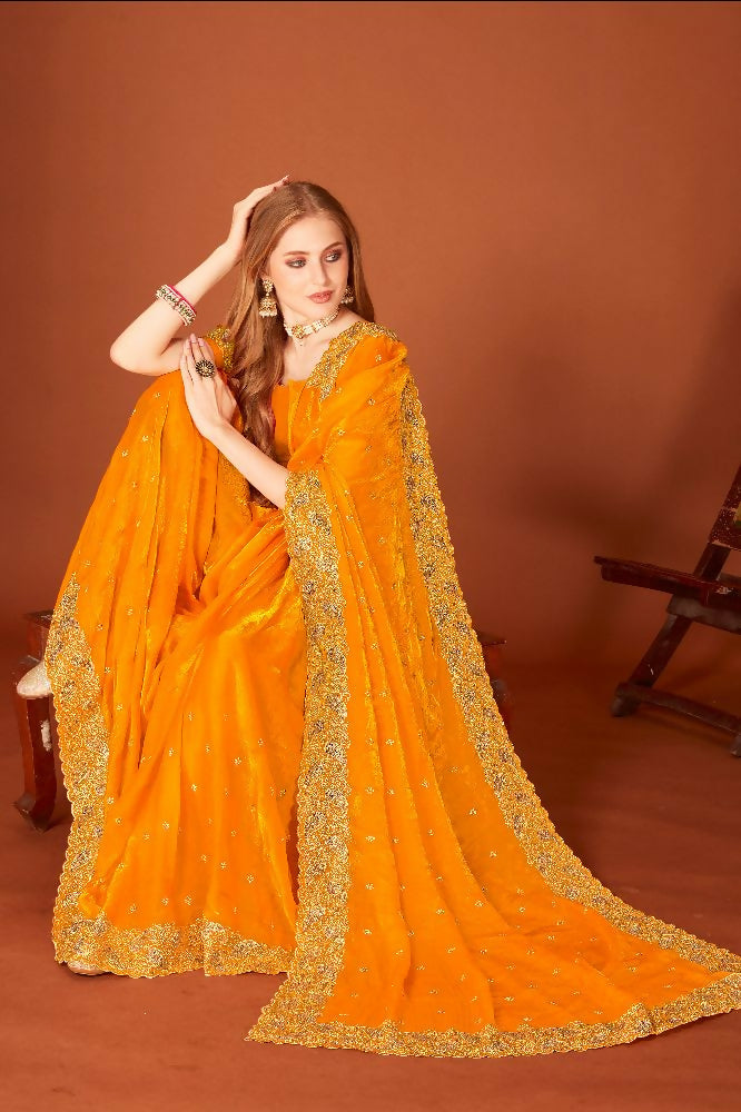 PR Fashion Mustard Fendi Two Tone Silk Heavy Zari Embroidery Work With Heavy Siroski Work Saree | Grocsy
