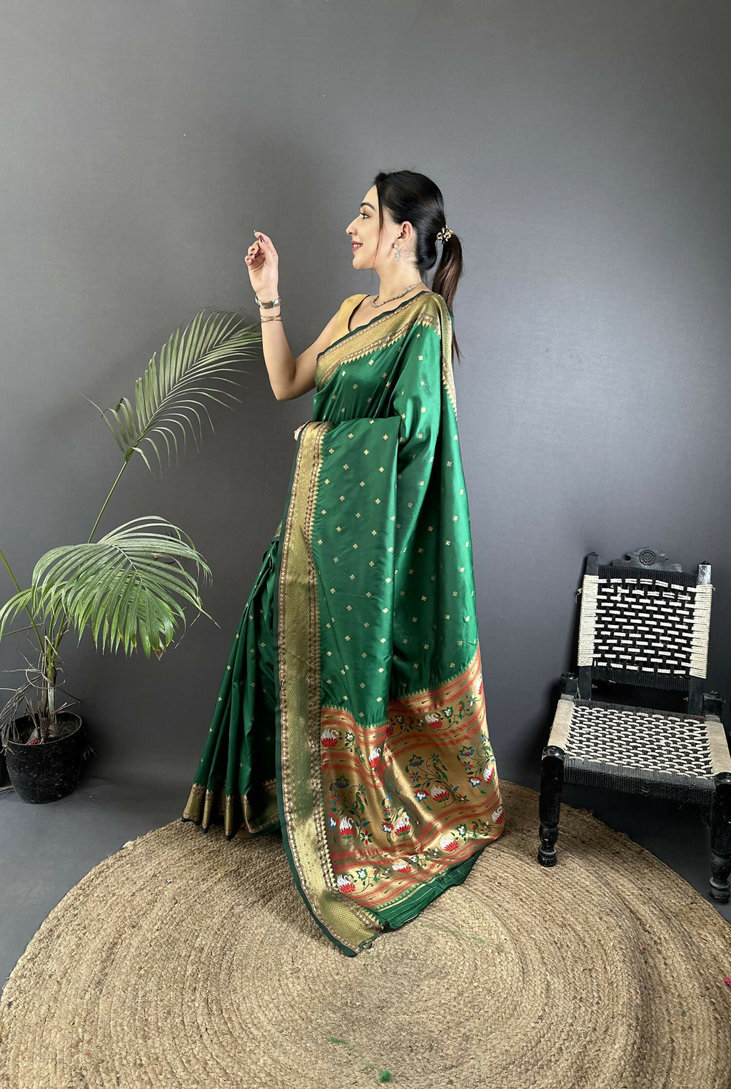 Joban Fashion Green Butti Woven Soft Lichi Silk Paithani Saree | Grocsy