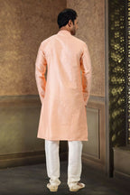 Raivat Ethnic Jacquard Banarasi Silk Thread Work Kurta Pajama In Peach Colour | Grocsy
