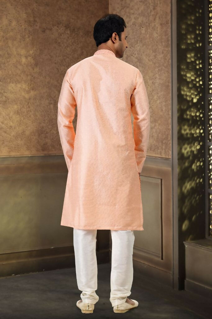 Raivat Ethnic Jacquard Banarasi Silk Thread Work Kurta Pajama In Peach Colour | Grocsy