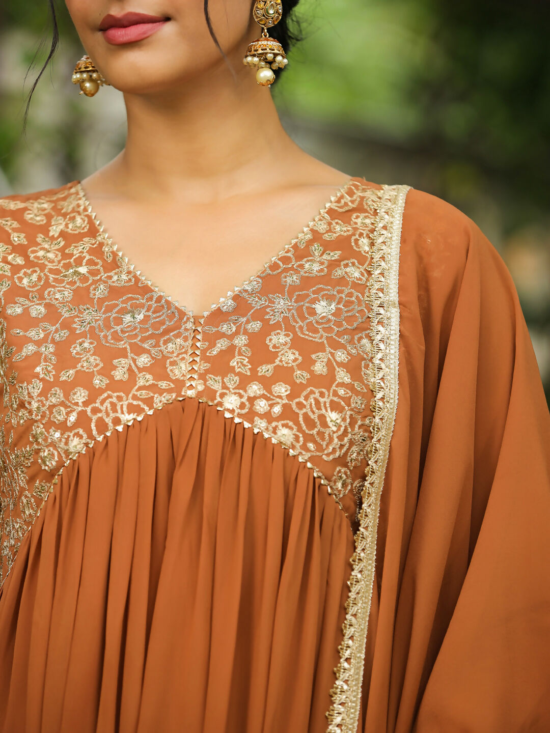 Janasya Brown Georgette Yoke Embroidery Kurta,Bottom & Dupatta | Grocsy