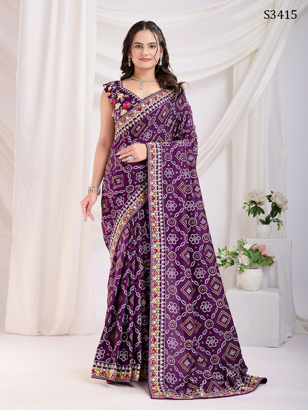 Voilet Vichitra Silk Bandhani Printed, Embroidery Work Saree - Ditya | Grocsy
