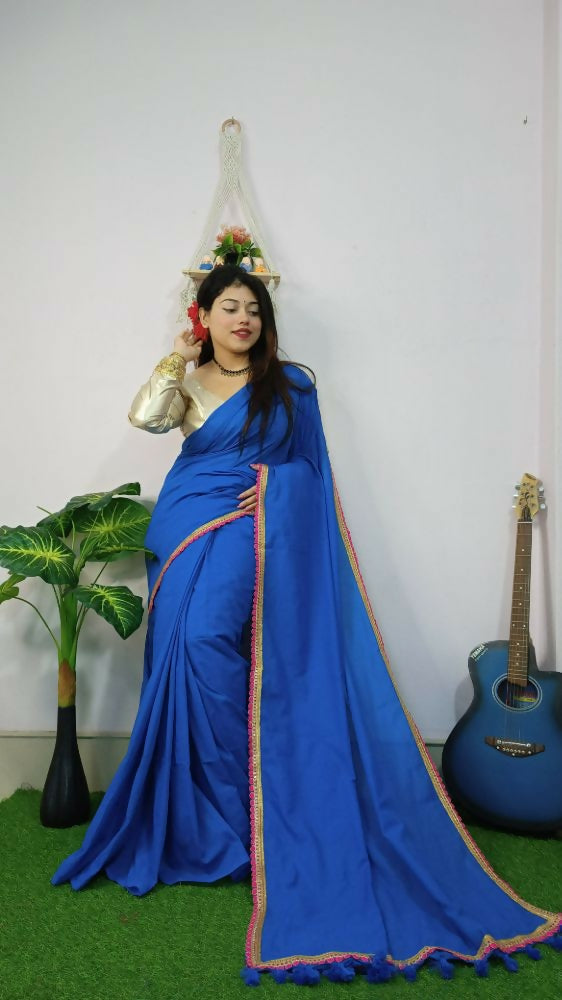 Exclusive Collection Beautiful Khadi Cotton Handloom Saree With Beautiful Zari Border - Blue | Grocsy