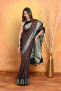 Very Much Indian Modal Silk Ajrakh Handblock Printed Natural Dyes With Designer Border Saree - Dark Maroon | Grocsy