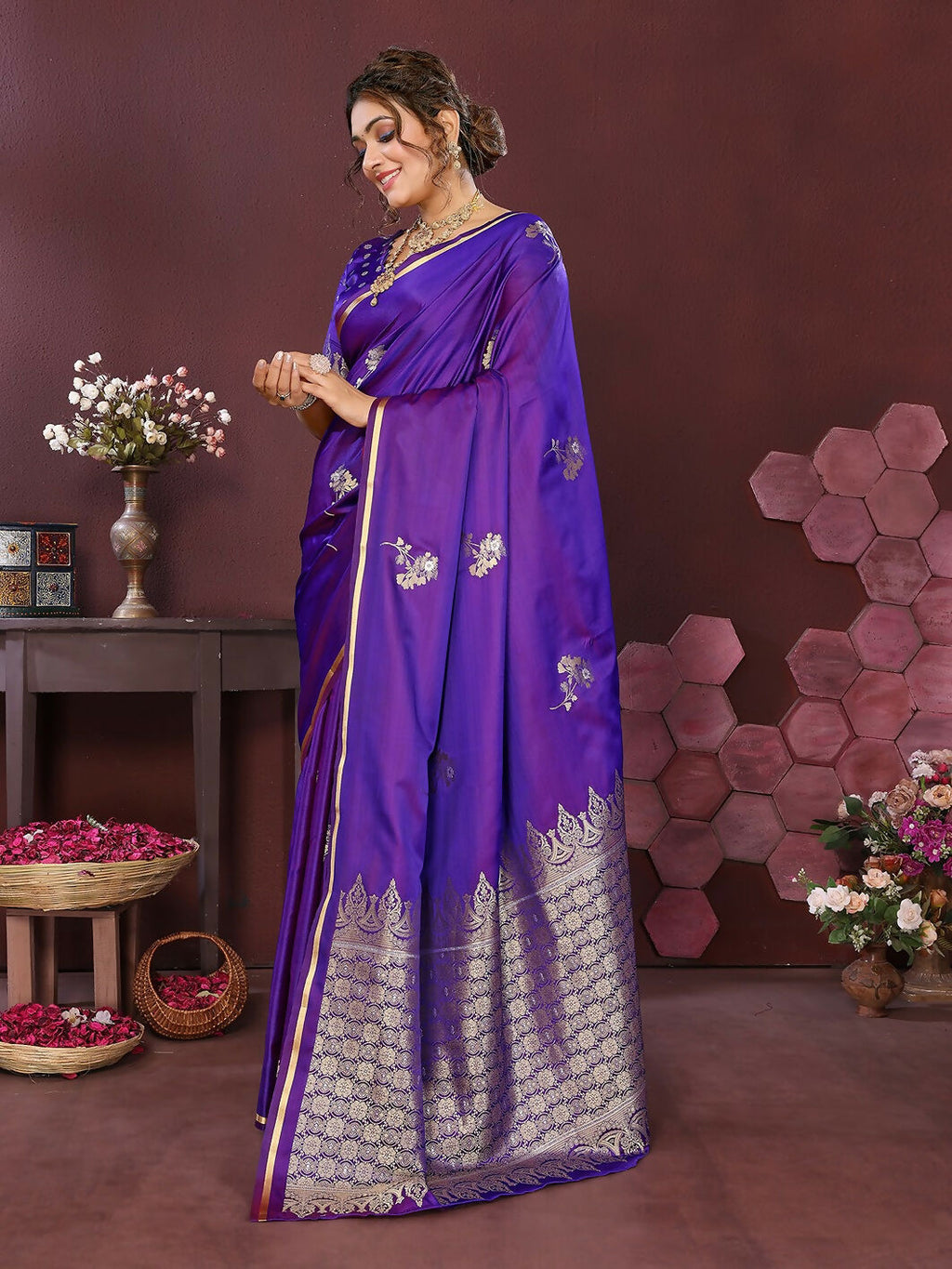 Joban Fashion Rich Purple Floral Banarasi Silk Sarees | Grocsy