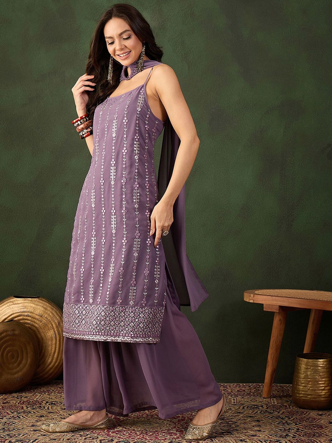 Sangria Embroidered Kurta, Palazzo With Dupatta | Grocsy