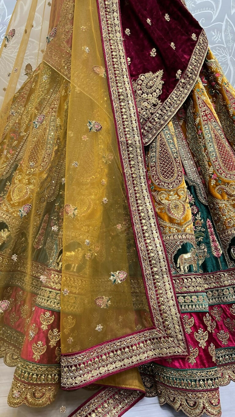 Jyoti Fashion Women's Mustard Velvet Multi Thread Embroidered, Patch Work with Zircon Diamond Wedding Lehenga Choli | Grocsy