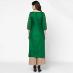 Cheera Hand Block Print Bottle Green Straight Kurta (MAAI-065K) | Grocsy