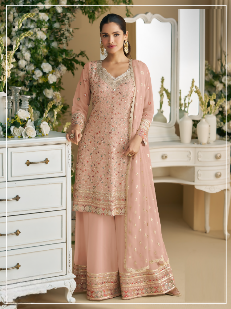 Anaita Peach Embroderied Faux Georgette Stitched Plazzo Suit | Grocsy