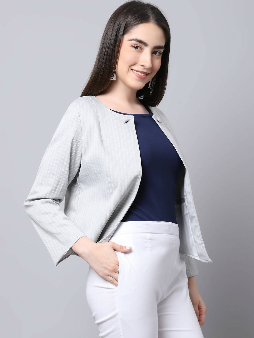 Even Apparels Grey Polywool Open Front Statement Women's Jacket (PW681) | Grocsy