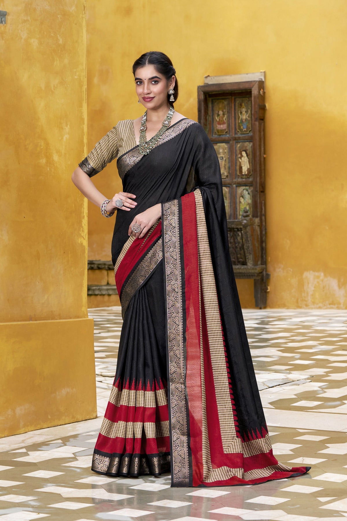 Vastranavya Black Printed with Zari Weaving Work Poly Cotton Saree & Unstitched Blouse | Grocsy