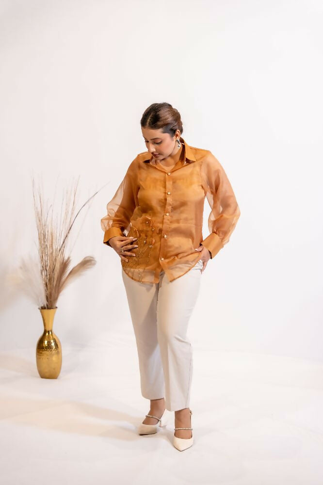 Timaraa Rust Brown Organza Shirt With Pearl & Katdana Embellishment | Grocsy