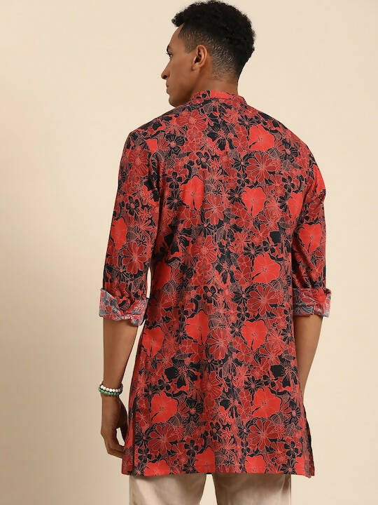 Red & Black Men pure Cotton Floral Printed Straight Kurta - Mahotsav | Grocsy