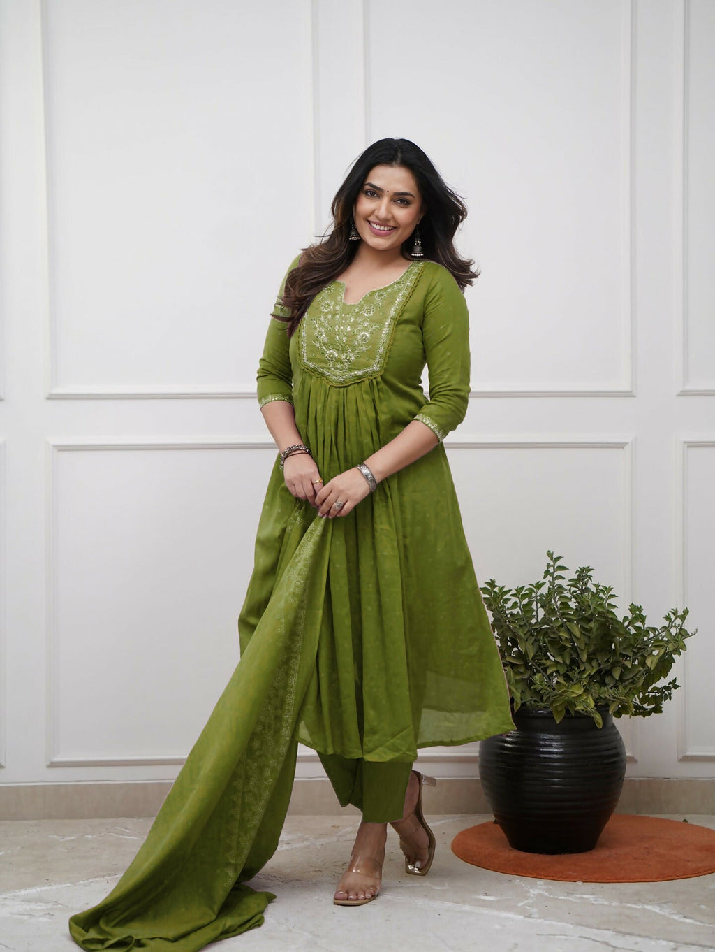 The52 Women's Beautiful Cotton Fabric Embroidery Work Straight Kurta Pant and Dupatta Set | Grocsy