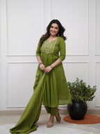 The52 Women's Beautiful Cotton Fabric Embroidery Work Straight Kurta Pant and Dupatta Set | Grocsy