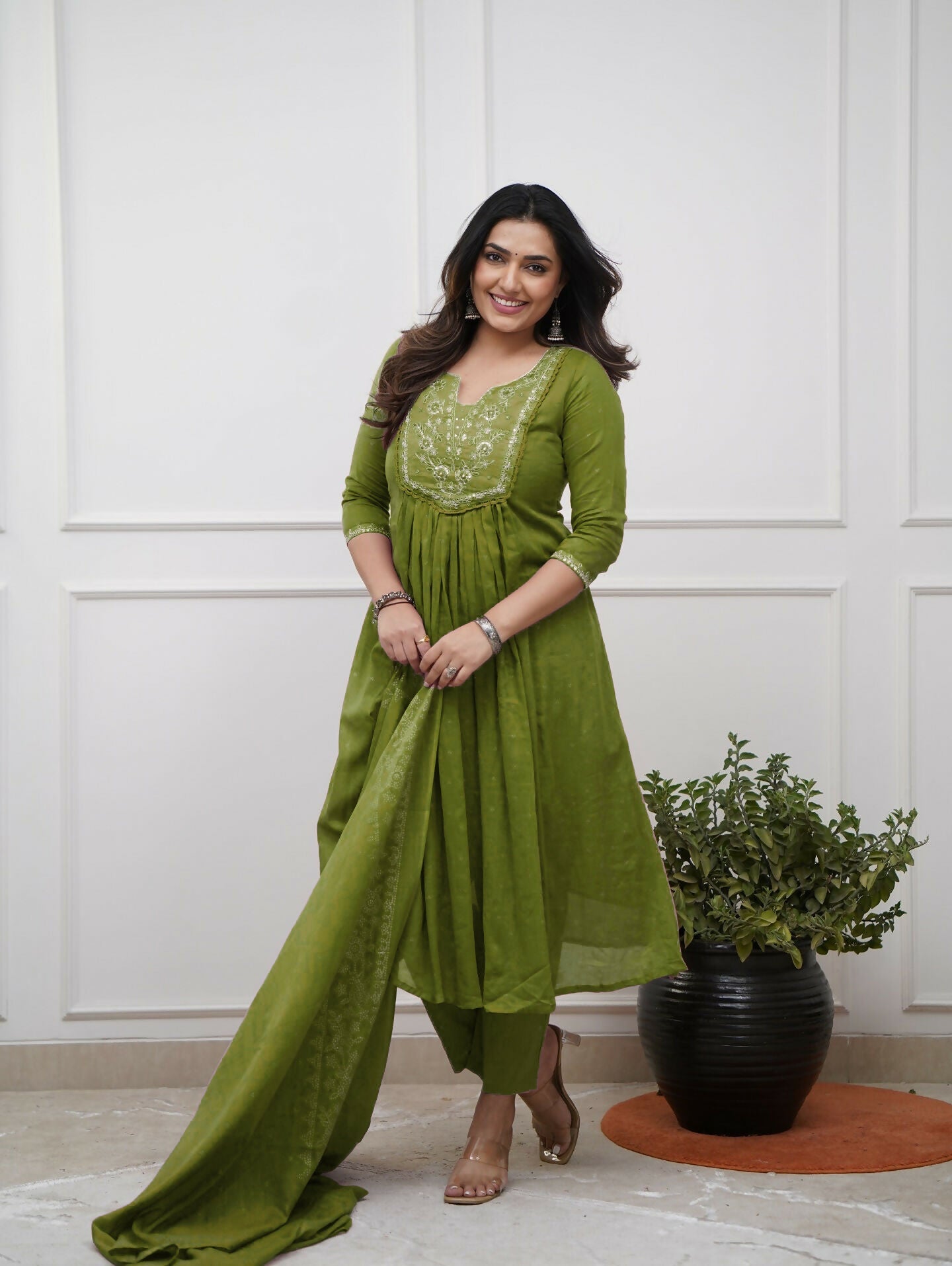 The52 Women's Beautiful Cotton Fabric Embroidery Work Straight Kurta Pant and Dupatta Set | Grocsy