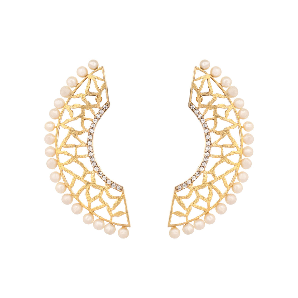 Nuyug 22K Gold-Plated Zircon Studded & Pearl Beaded Contemporary Shaped Statement Stud Earrings | Grocsy