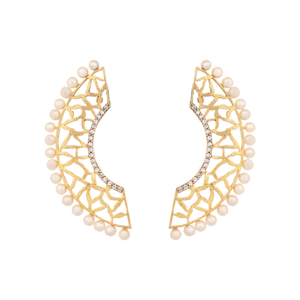 Nuyug 22K Gold-Plated Zircon Studded & Pearl Beaded Contemporary Shaped Statement Stud Earrings | Grocsy
