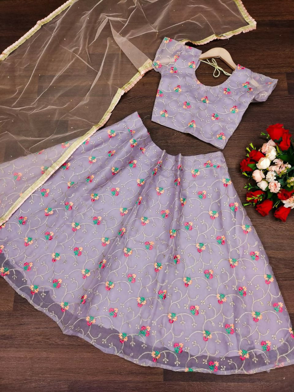 Jyoti Fashion Beautiful Purple Organza Silk Embroidered Kids Lehenga Choli Set | Grocsy