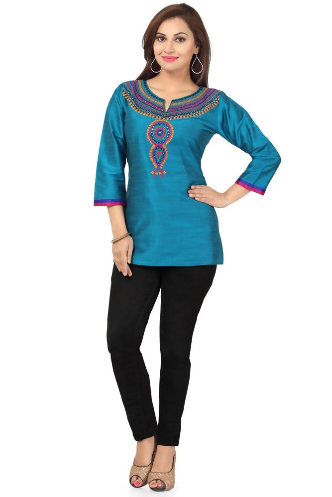 Snehal Creations The New Age Ethnicity Turquoise Blue Women Short Kurta | Grocsy