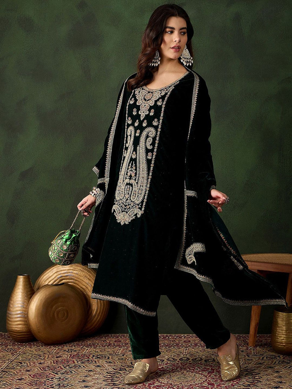 Sangria Floral Embroidered Straight Kurta & Trousers With Dupatta | Grocsy